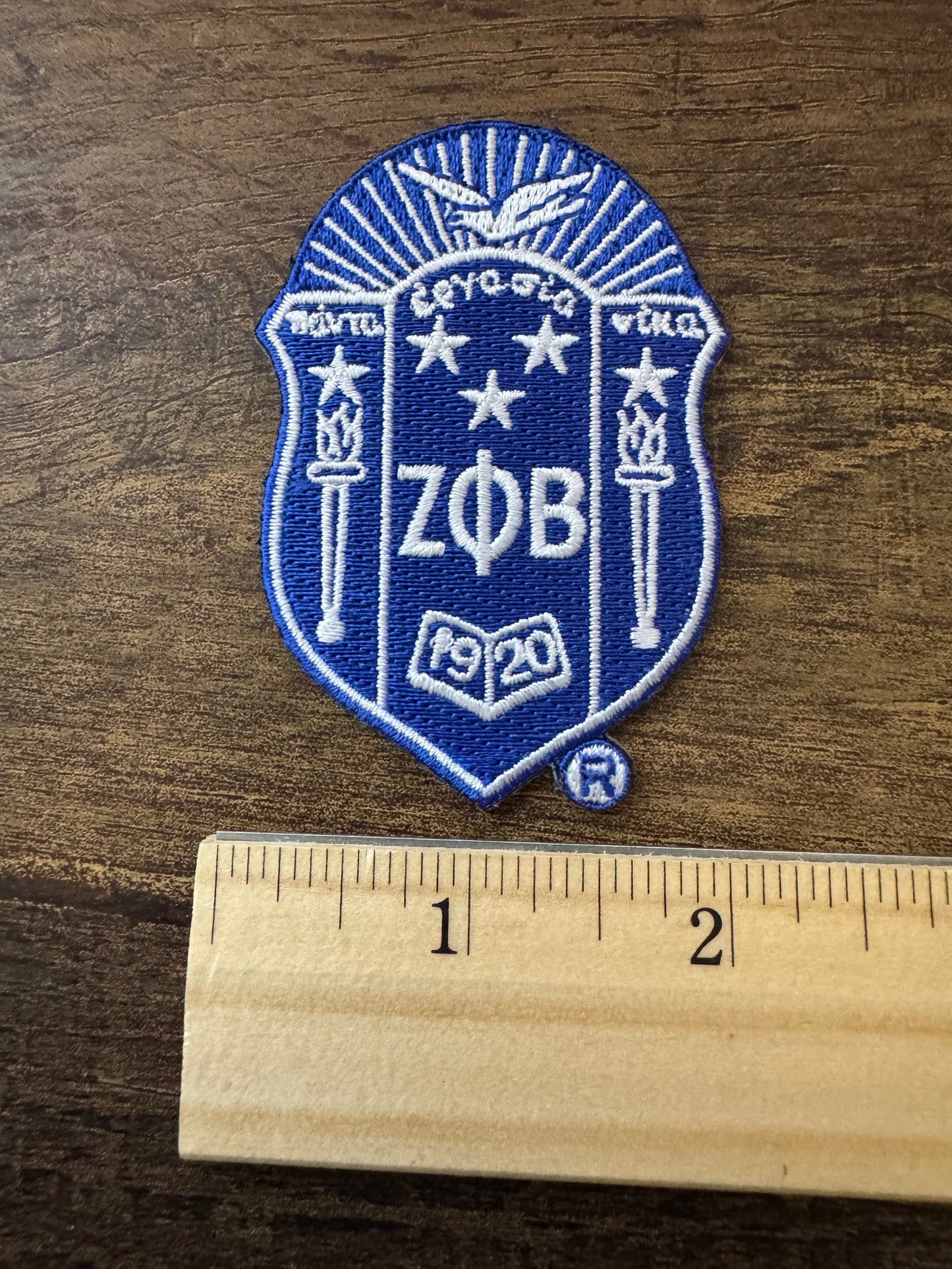 ZETA PHI BETA IRON /SEW ON PATCH small with white trim shield blue