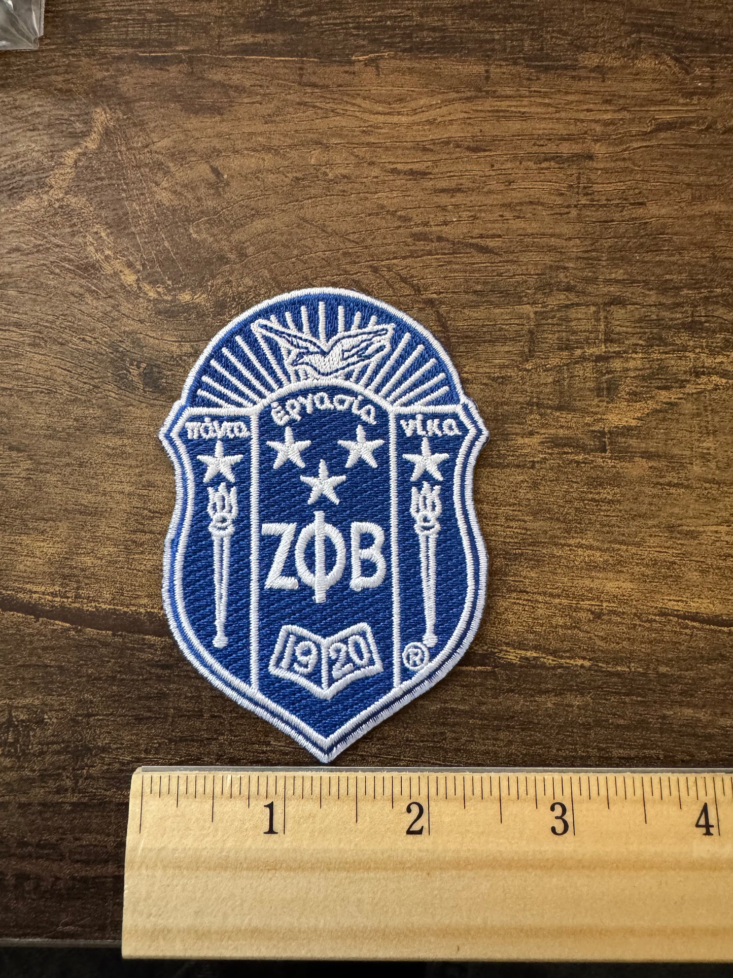 ZETA PHI BETA IRON /SEW ON PATCH small with white trim shield blue