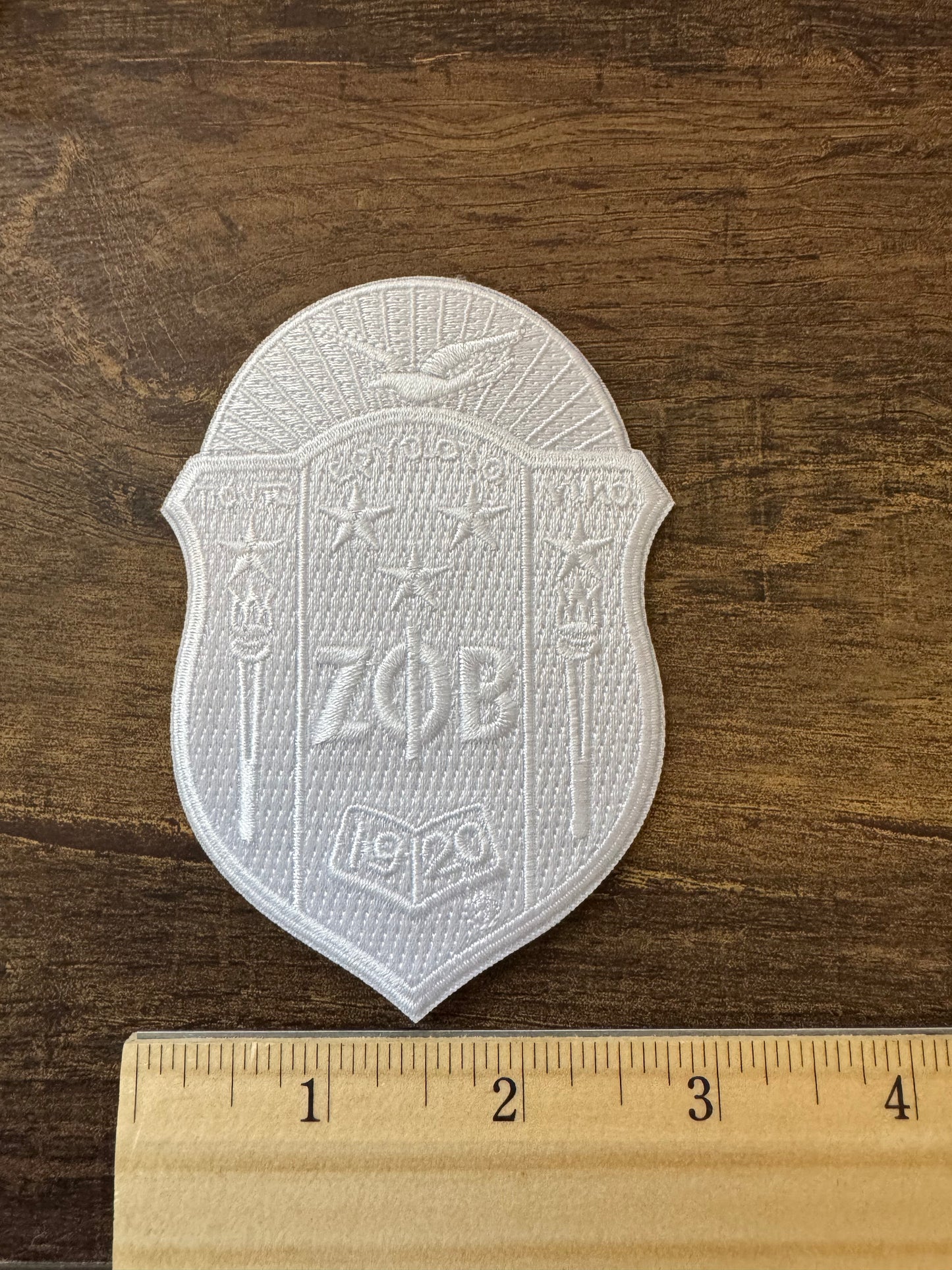 ZETA PHI BETA IRON /SEW ON PATCH small shield white